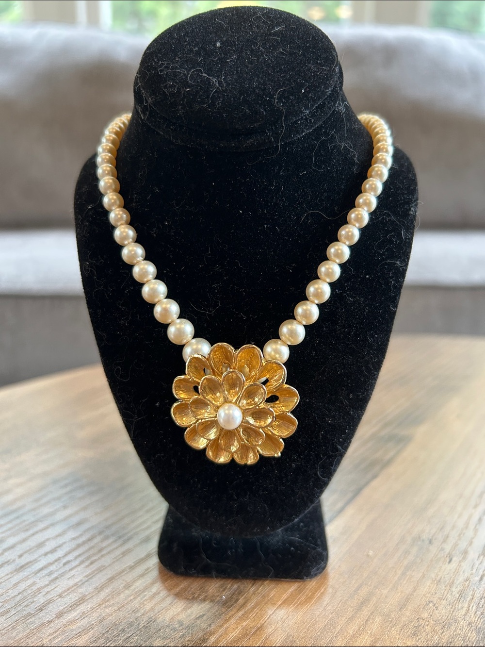 Gold Tone Flower Pearl Brooch on a Sterling Pearl Necklace